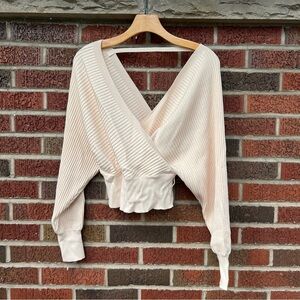 Love Tree Crean Ribbed Surplice Deep Plunge Cropped Long Sleeve Puff Sleeve Top